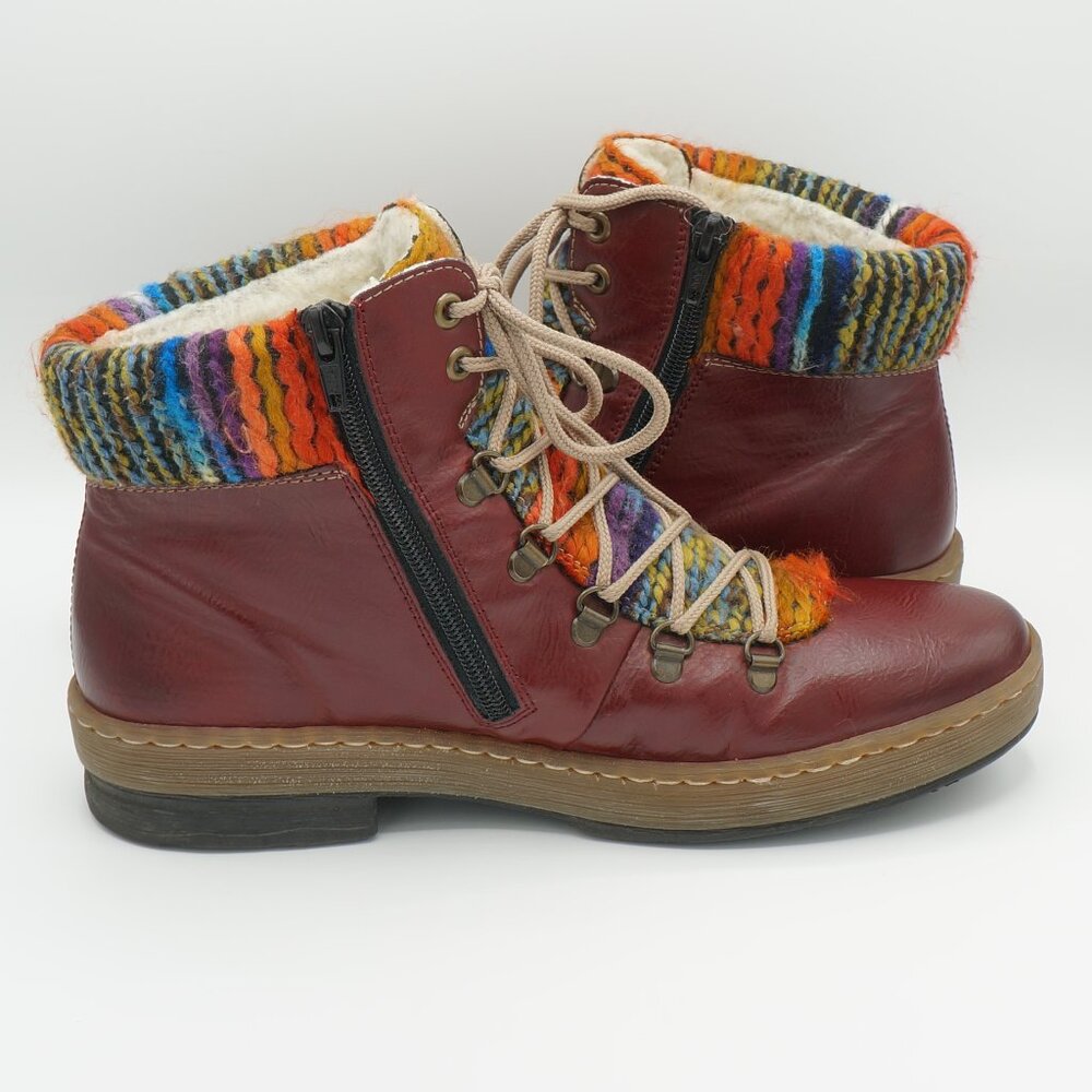 Rieker Felicitas Oxblood Leather Knit Collar Lace-Up Boots - EU 42 / US 10-10.5 - Picture 3 of 10